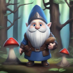 A short, tubby gnome dressed in leather armor and long furs, with long grey hair that is bald on top and blue eyes