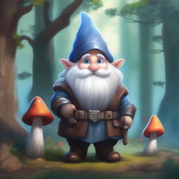 A short, tubby gnome dressed in leather armor and long furs, with long grey hair that is bald on top and blue eyes