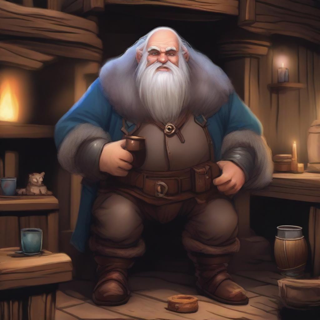 A short, tubby dwarf dressed in leather armor and long furs, with long grey hair that is bald on top and blue eyes