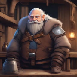 A short, tubby dwarf dressed in leather armor and long furs, with long grey hair that is bald on top and blue eyes