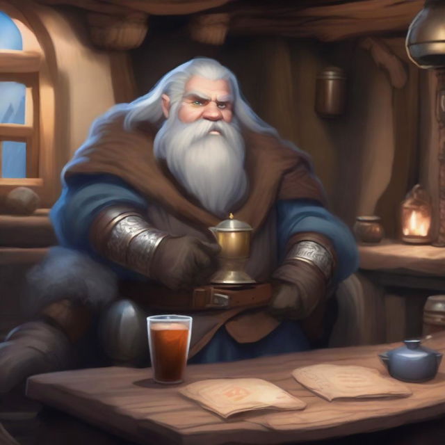 A short, tubby dwarf dressed in leather armor and long furs, with long grey hair that is bald on top and blue eyes