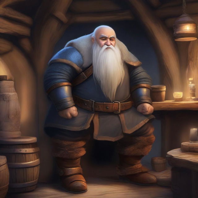 A realistic fantasy depiction of a short, tubby dwarf dressed in leather armor and long furs