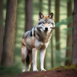 A raw photograph of a majestic wolf standing in a natural forest setting