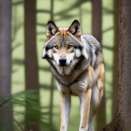 A raw photograph of a majestic wolf standing in a natural forest setting