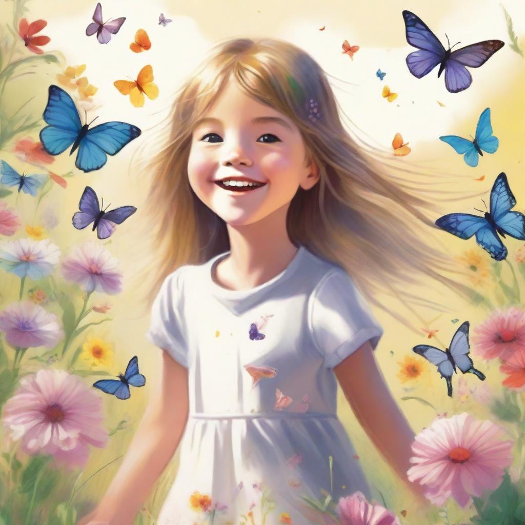 A detailed and charming illustration of a young girl with a joyful expression, playing in a sunlit meadow surrounded by colorful flowers and butterflies