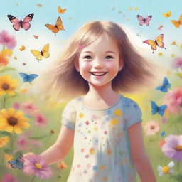 A detailed and charming illustration of a young girl with a joyful expression, playing in a sunlit meadow surrounded by colorful flowers and butterflies