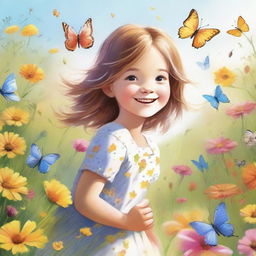 A detailed and charming illustration of a young girl with a joyful expression, playing in a sunlit meadow surrounded by colorful flowers and butterflies