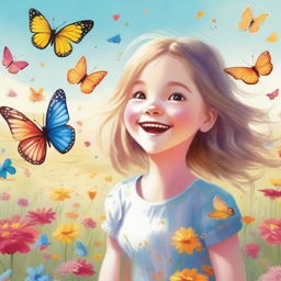 A detailed and charming illustration of a young girl with a joyful expression, playing in a sunlit meadow surrounded by colorful flowers and butterflies