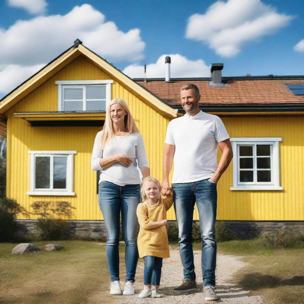 A happy family standing in front of a beautiful Swedish house with a picturesque landscape in the background