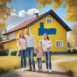 A happy family standing in front of a beautiful Swedish house with a picturesque landscape in the background