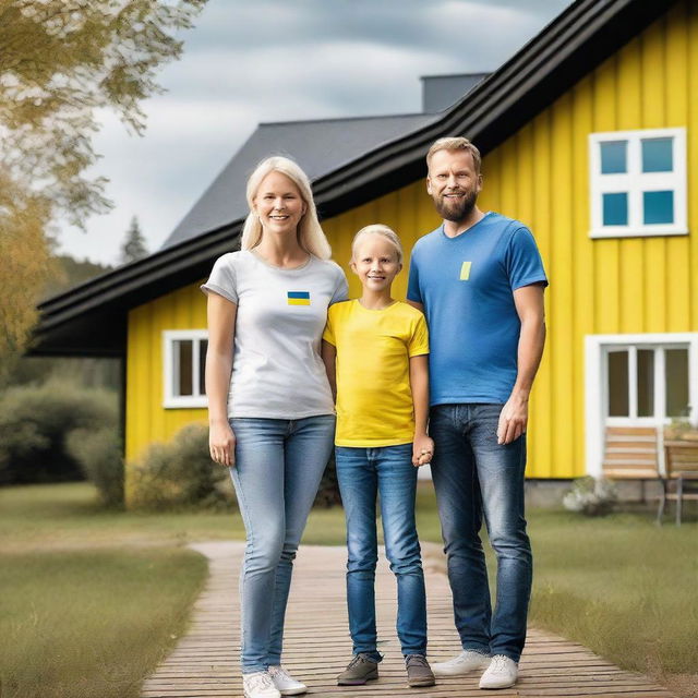 A happy family standing in front of a beautiful Swedish house with a picturesque landscape in the background