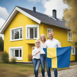 A happy family standing in front of a beautiful Swedish house with a picturesque landscape in the background