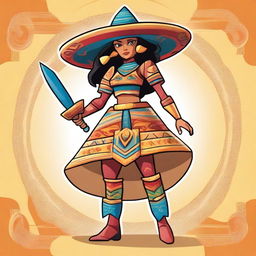 A full body illustration of a futuristic Mexican-style warrior named Chilakelly, who is a cartoon-style female tortilla chip