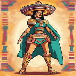 A full body illustration of a futuristic Mexican-style warrior named Chilakelly, who is a cartoon-style female tortilla chip