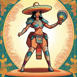 A full body illustration of a futuristic Mexican-style warrior named Chilakelly, who is a cartoon-style female tortilla chip