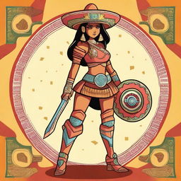 A full body illustration of a futuristic Mexican-style warrior named Chilakelly, who is a cartoon-style female tortilla chip