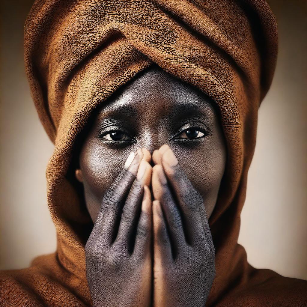 An African woman covering her face with her hands, conveying a sense of mystery and depth