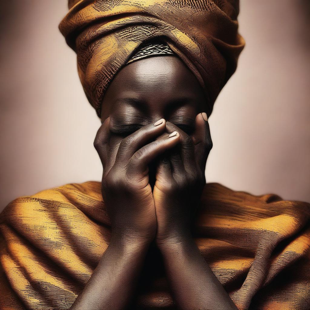 An African woman covering her face with her hands, conveying a sense of mystery and depth