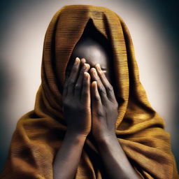 An African woman covering her face with her hands, conveying a sense of mystery and depth