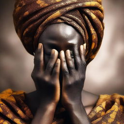 An African woman covering her face with her hands, conveying a sense of mystery and depth