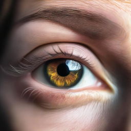 A close-up of a hazel eye illuminated by light, with intricate details of the iris