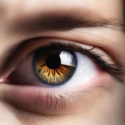 A close-up of a hazel eye illuminated by light, with intricate details of the iris