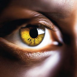 A close-up of a hazel eye illuminated by light, with intricate details of the iris