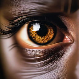 A close-up of a hazel eye illuminated by light, with intricate details of the iris