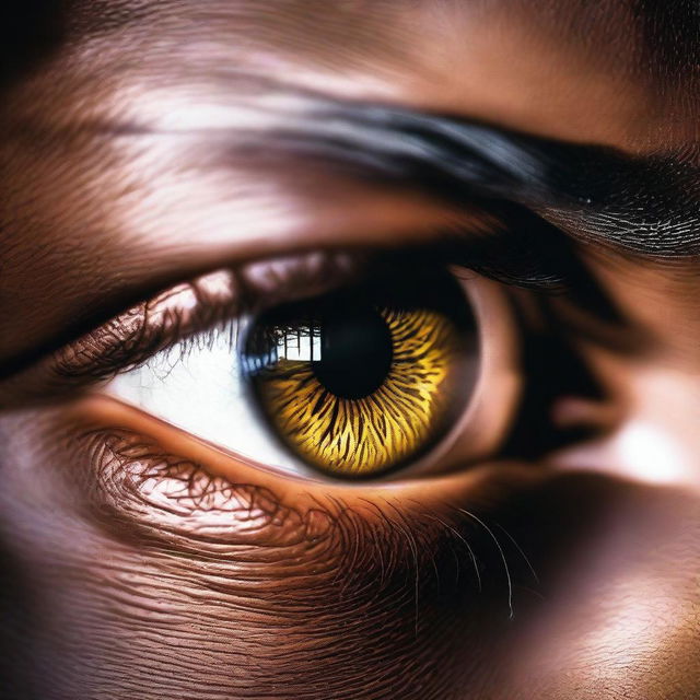 A close-up of a hazel eye illuminated by light, with intricate details of the iris