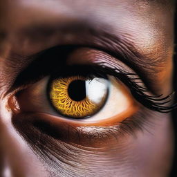 A close-up of a hazel eye illuminated by light, with intricate details of the iris