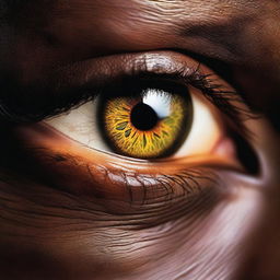 A close-up of a hazel eye illuminated by light, with intricate details of the iris