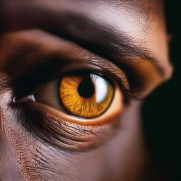 A close-up of a hazel eye illuminated by light, with intricate details of the iris