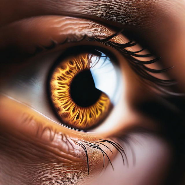 A close-up of a hazel eye illuminated by light, showcasing the intricate details of the iris and pupil