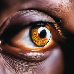 A close-up of a hazel eye illuminated by light, showcasing the intricate details of the iris and pupil