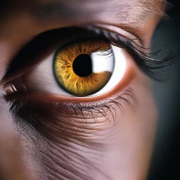 A close-up of a hazel eye illuminated by light, showcasing the intricate details of the iris and pupil