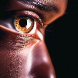 A close-up of a hazel eye illuminated by light, showcasing the intricate details of the iris and pupil