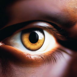 A close-up of a hazel eye illuminated by light, showcasing the intricate details of the iris and pupil