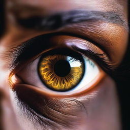 A close-up of a hazel eye illuminated by light, showcasing the intricate details of the iris and pupil