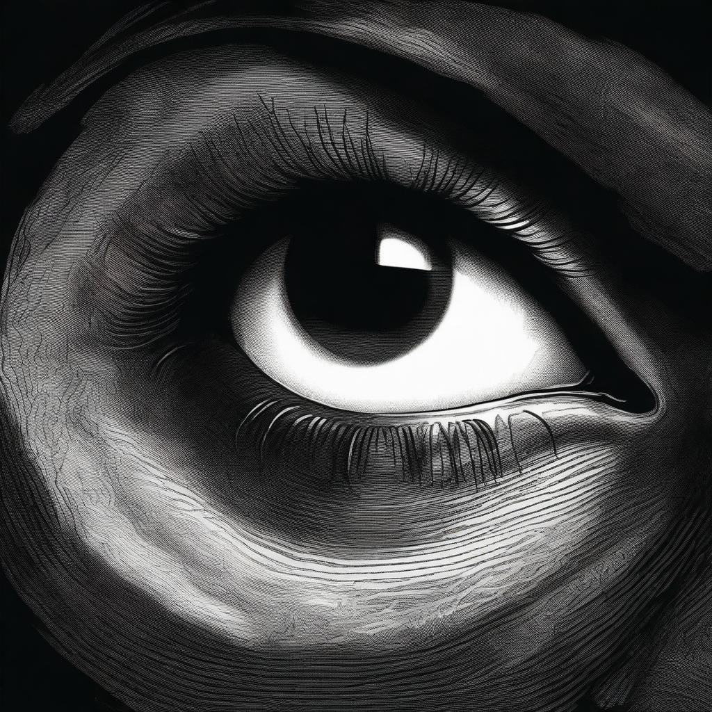 A detailed image of a shadowy figure curled up in a dark corner within the eyeball