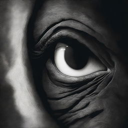 A detailed image of a shadowy figure curled up in a dark corner within the eyeball