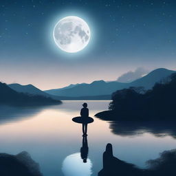 A serene image of someone gazing at the full moon in a night sky