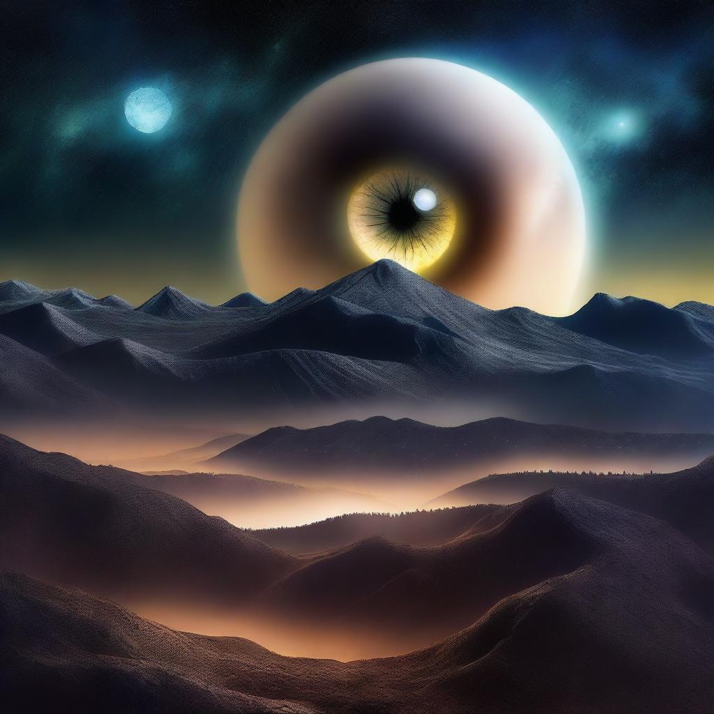 A surreal night sky where the moon is replaced by a giant eyeball, casting an eerie glow over the landscape