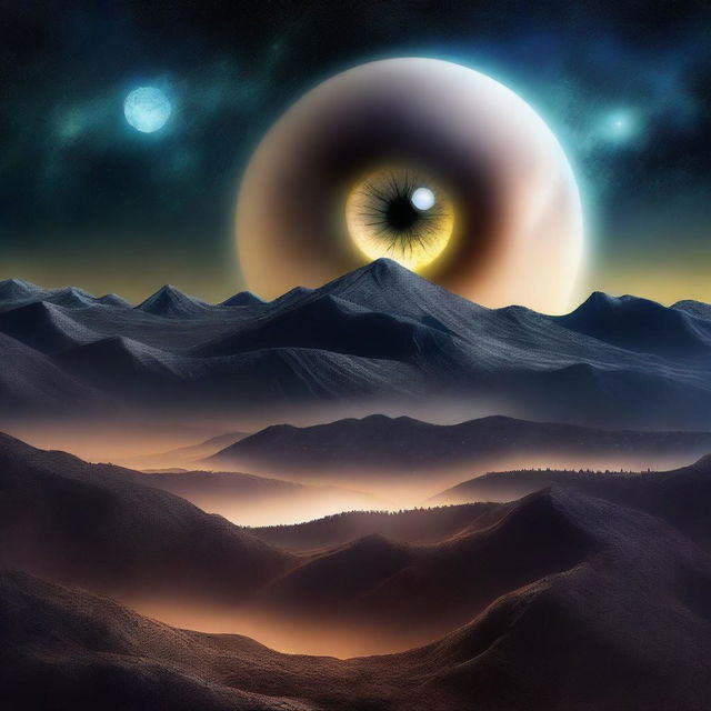 A surreal night sky where the moon is replaced by a giant eyeball, casting an eerie glow over the landscape