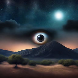 A surreal night sky where the moon is replaced by a giant eyeball, casting an eerie glow over the landscape