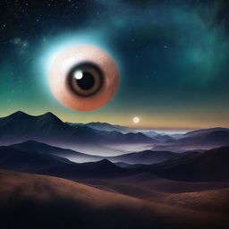 A surreal night sky where the moon is replaced by a giant eyeball, casting an eerie glow over the landscape