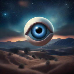 A surreal night sky where the moon is replaced by a giant eyeball, casting an eerie glow over the landscape