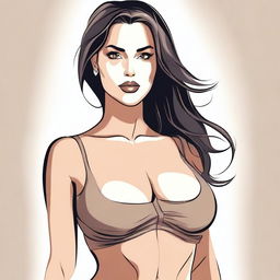 A detailed illustration of a woman with a voluptuous figure, focusing on her chest