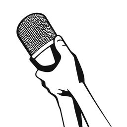 A simple contour drawing of a hand holding a microphone in black and white