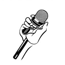 A simple contour drawing of a hand holding a microphone in black and white