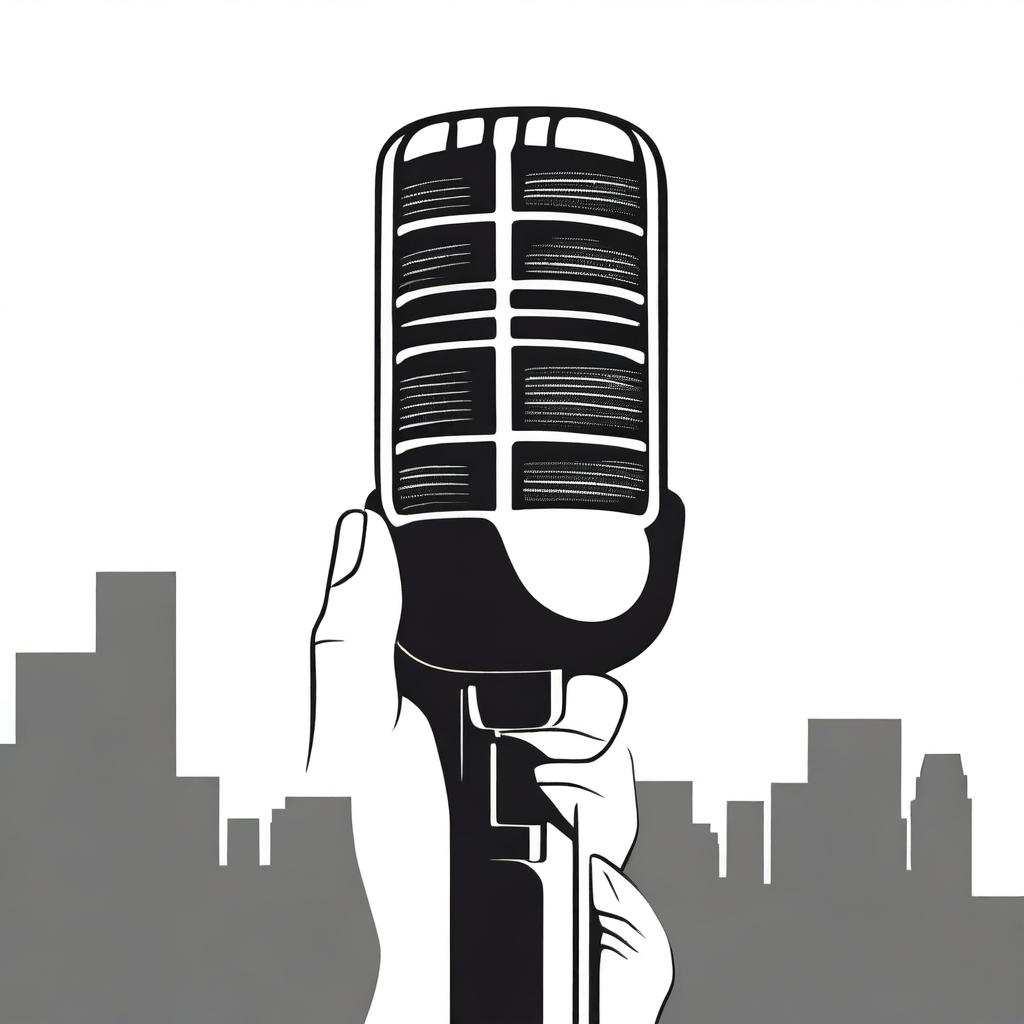 A simple contour drawing of a hand holding a microphone in black and white